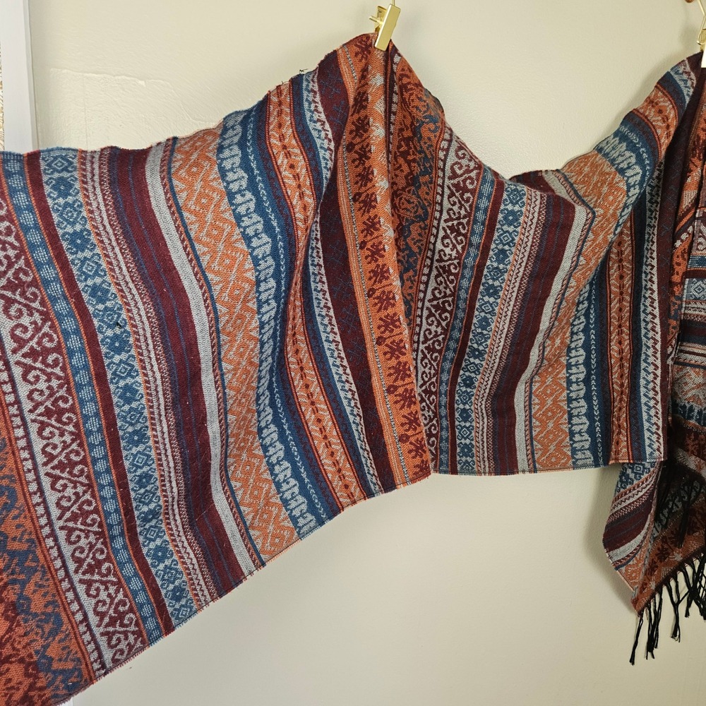 Sacred Threads Woven Boho Tribal Scarf Wrap Rust Teal Maroon - Picture 6 of 11